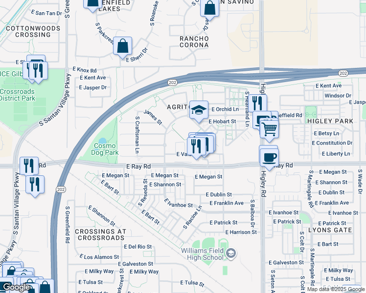 map of restaurants, bars, coffee shops, grocery stores, and more near 2908 East Valencia Street in Gilbert