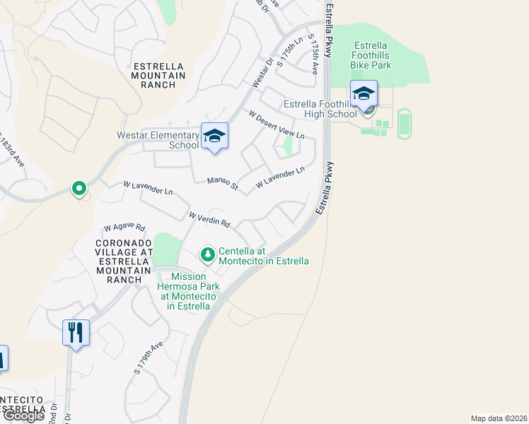 map of restaurants, bars, coffee shops, grocery stores, and more near 17654 West Verdin Road in Goodyear