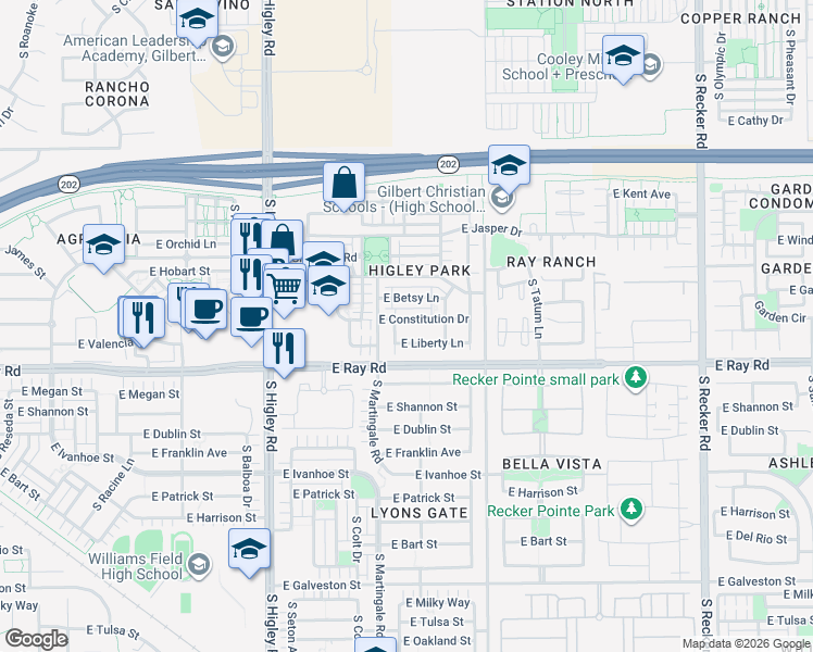 map of restaurants, bars, coffee shops, grocery stores, and more near 3468 East Liberty Lane in Gilbert