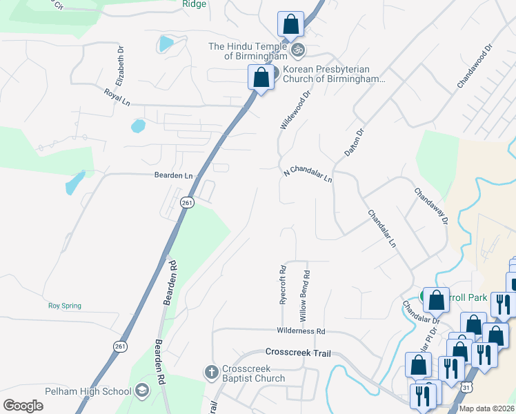 map of restaurants, bars, coffee shops, grocery stores, and more near 2641 North Chandalar Lane in Pelham