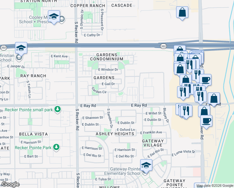 map of restaurants, bars, coffee shops, grocery stores, and more near 1531 South Avocet Street in Gilbert