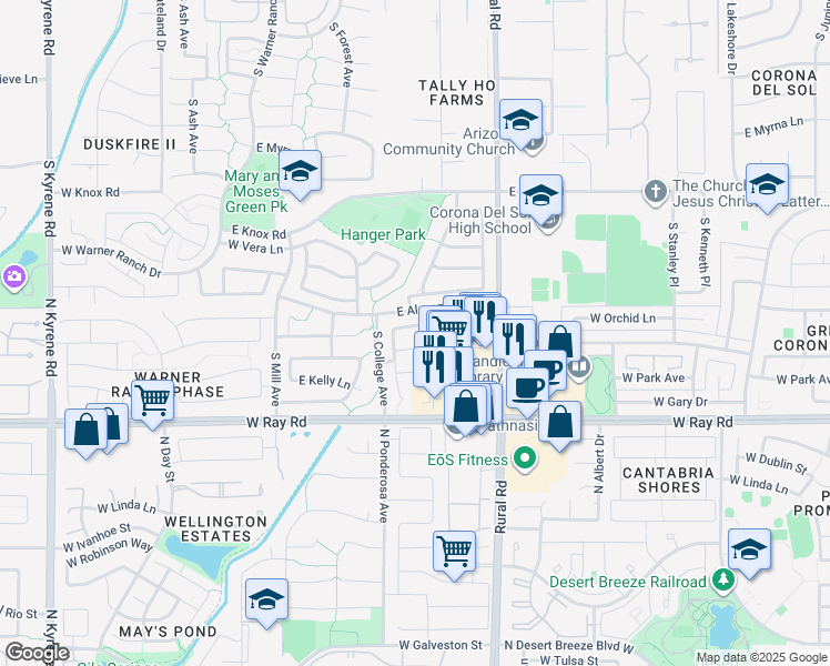 map of restaurants, bars, coffee shops, grocery stores, and more near 574 East Yvonne Lane in Tempe