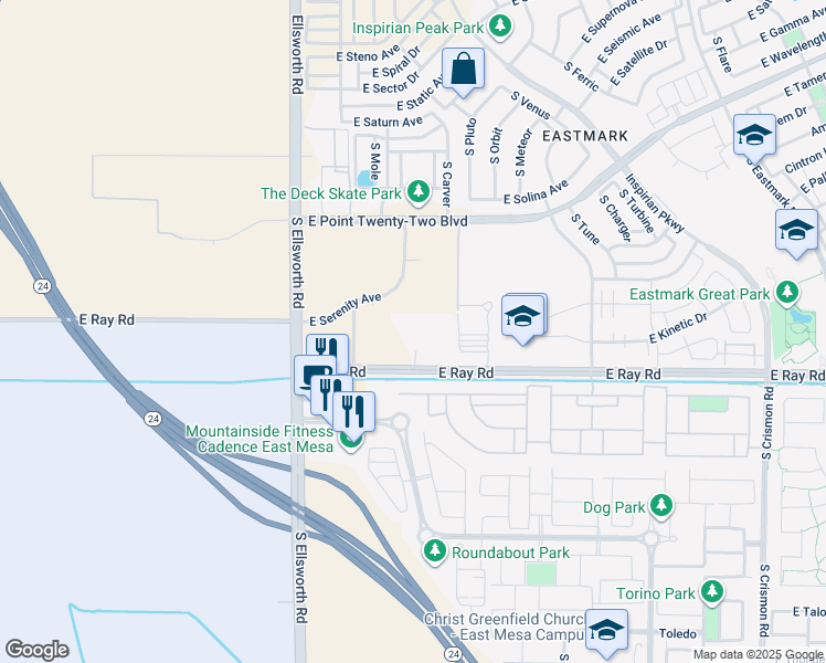map of restaurants, bars, coffee shops, grocery stores, and more near East Ray Road in Mesa