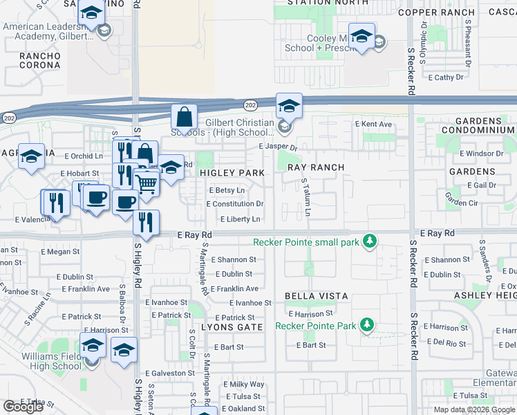 map of restaurants, bars, coffee shops, grocery stores, and more near 3532 East Liberty Lane in Gilbert