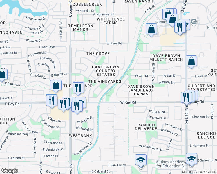 map of restaurants, bars, coffee shops, grocery stores, and more near 1513 South Monterey Street in Gilbert