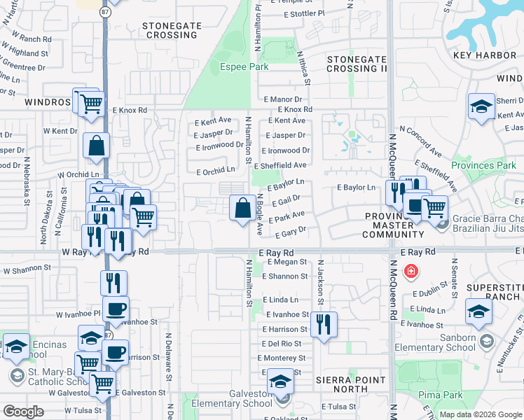 map of restaurants, bars, coffee shops, grocery stores, and more near 1102 North Bogle Avenue in Chandler