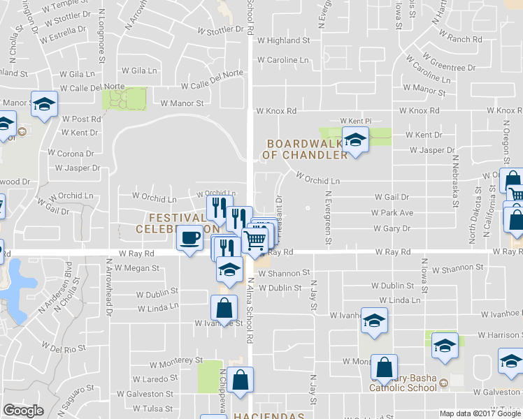 map of restaurants, bars, coffee shops, grocery stores, and more near 959 West Park Avenue in Chandler