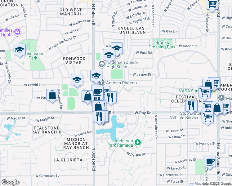 map of restaurants, bars, coffee shops, grocery stores, and more near 1119 North Cholla Street in Chandler