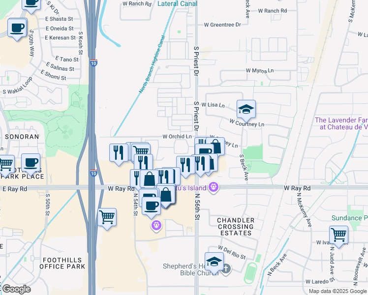 map of restaurants, bars, coffee shops, grocery stores, and more near 1100 North Priest Drive in Chandler