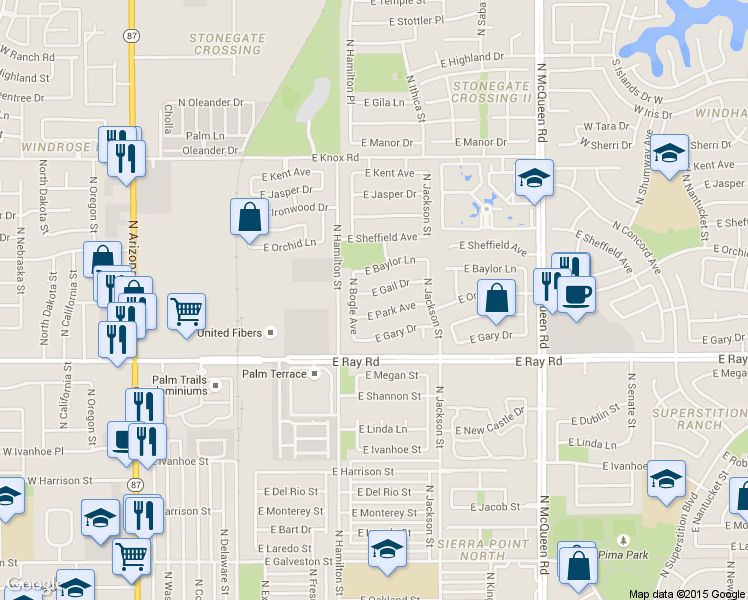 map of restaurants, bars, coffee shops, grocery stores, and more near 682 East Park Avenue in Chandler