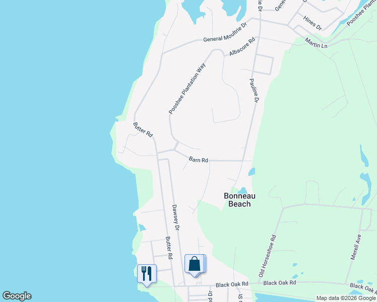 map of restaurants, bars, coffee shops, grocery stores, and more near 624 Barn Road in Bonneau