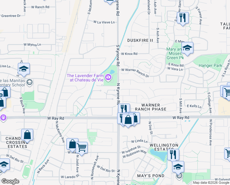 map of restaurants, bars, coffee shops, grocery stores, and more near 6013 West Victoria Place in Chandler