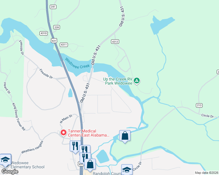 map of restaurants, bars, coffee shops, grocery stores, and more near 157 Crystal Cove in Wedowee