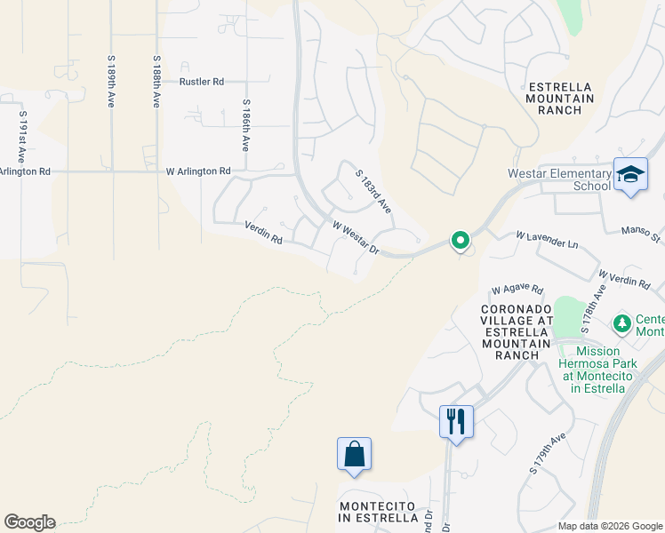 map of restaurants, bars, coffee shops, grocery stores, and more near 13655 South 183rd Drive in Goodyear