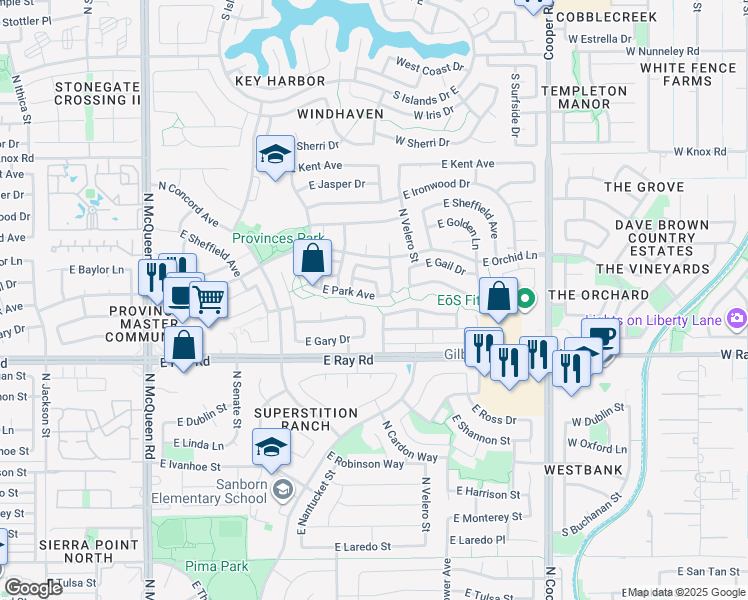 map of restaurants, bars, coffee shops, grocery stores, and more near 1461 East Park Avenue in Chandler