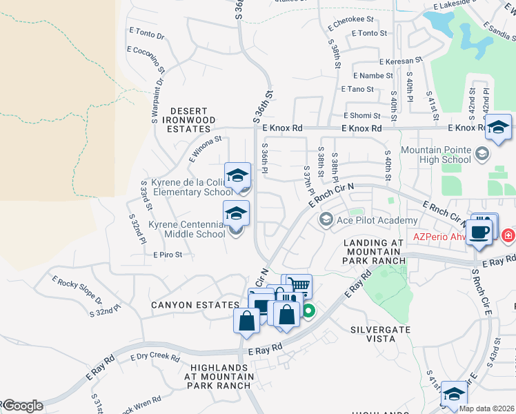 map of restaurants, bars, coffee shops, grocery stores, and more near 3619 East Agave Road in Phoenix
