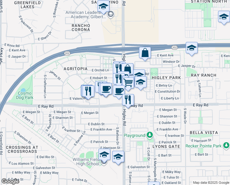 map of restaurants, bars, coffee shops, grocery stores, and more near in Gilbert