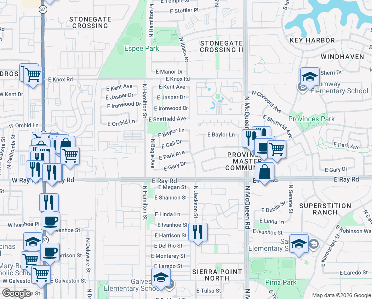 map of restaurants, bars, coffee shops, grocery stores, and more near 771 East Park Avenue in Chandler