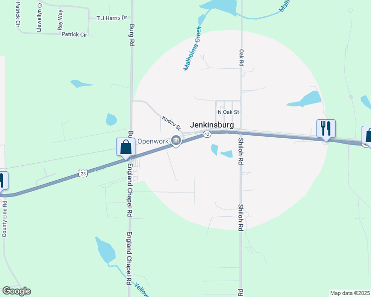 map of restaurants, bars, coffee shops, grocery stores, and more near 2247 Georgia 42 in Jenkinsburg