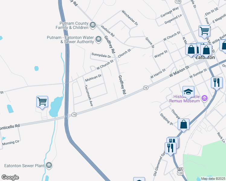 map of restaurants, bars, coffee shops, grocery stores, and more near 107 Candler Court in Eatonton