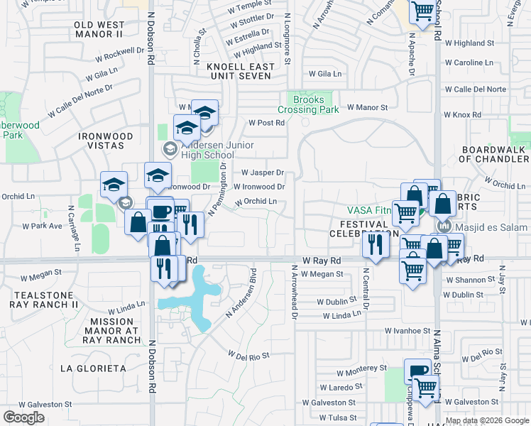 map of restaurants, bars, coffee shops, grocery stores, and more near 1641 West Gail Drive in Chandler
