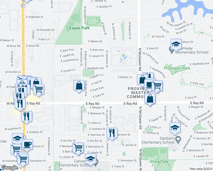 map of restaurants, bars, coffee shops, grocery stores, and more near 786 East Park Avenue in Chandler