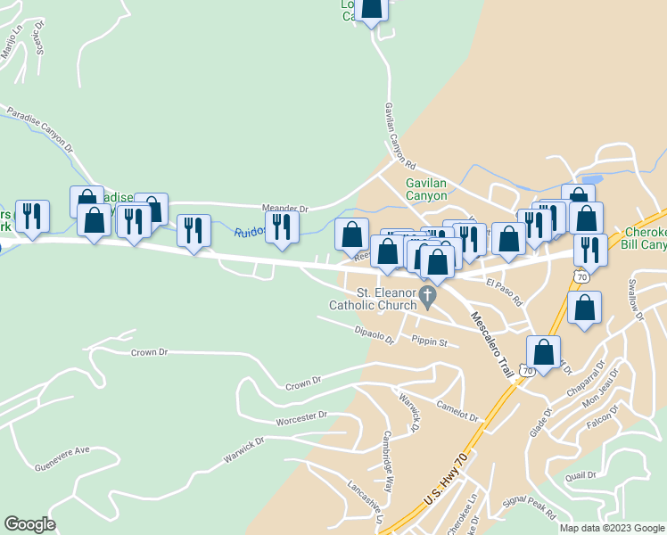 map of restaurants, bars, coffee shops, grocery stores, and more near 101 Reese Drive in Ruidoso