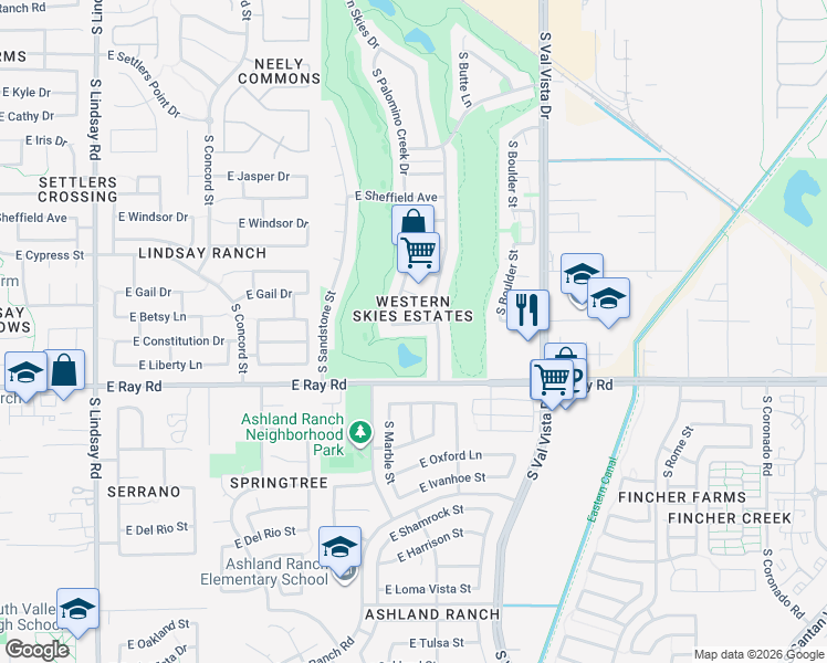 map of restaurants, bars, coffee shops, grocery stores, and more near 1365 East Betsy Lane in Gilbert