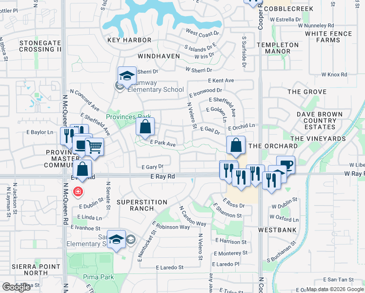 map of restaurants, bars, coffee shops, grocery stores, and more near 1080 North Cambridge Street in Chandler