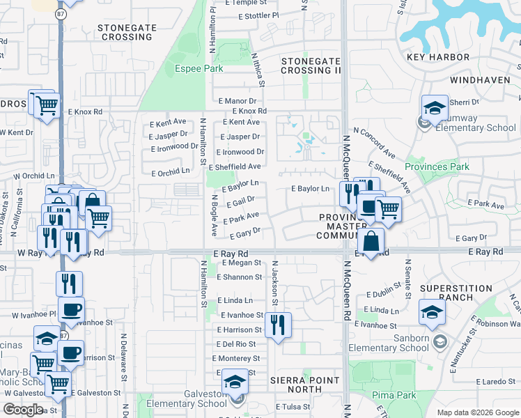 map of restaurants, bars, coffee shops, grocery stores, and more near 771 East Park Avenue in Chandler