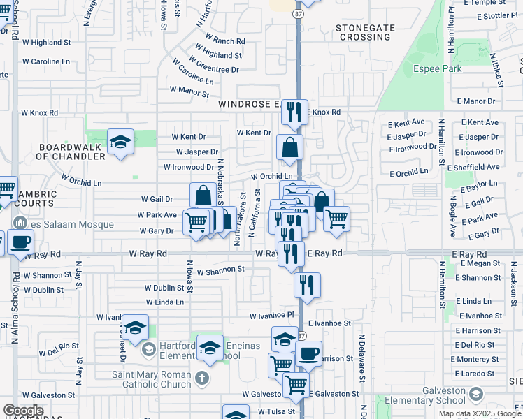 map of restaurants, bars, coffee shops, grocery stores, and more near 1098 North California Street in Chandler