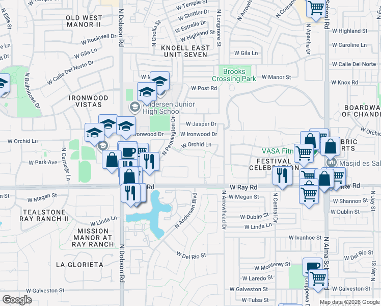 map of restaurants, bars, coffee shops, grocery stores, and more near 1641 West Gail Drive in Chandler