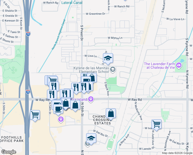 map of restaurants, bars, coffee shops, grocery stores, and more near 1320 West Maria Lane in Tempe