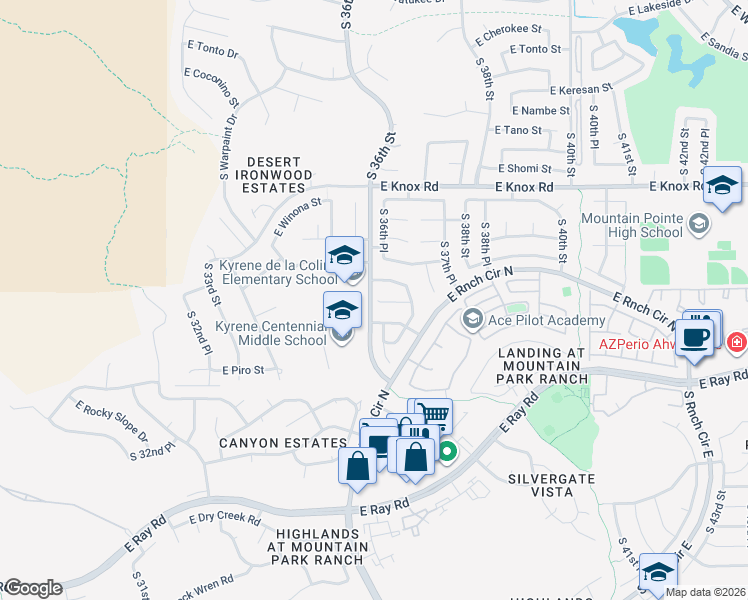 map of restaurants, bars, coffee shops, grocery stores, and more near 3619 East Agave Road in Phoenix