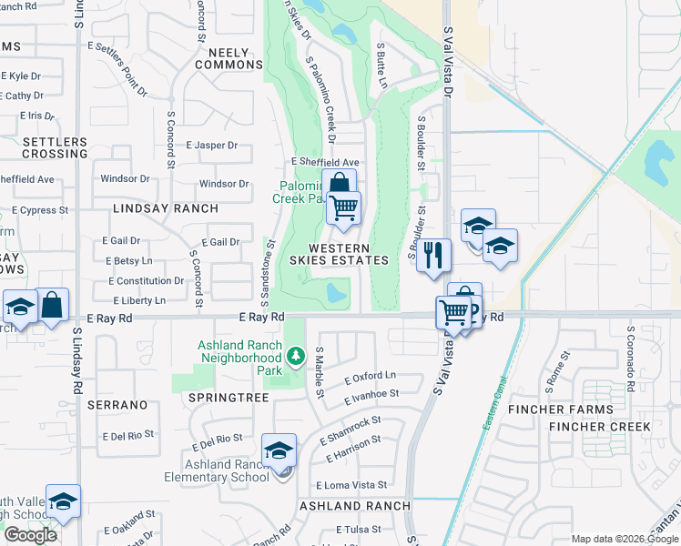 map of restaurants, bars, coffee shops, grocery stores, and more near 1365 East Betsy Lane in Gilbert