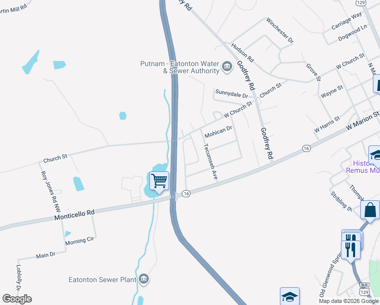 map of restaurants, bars, coffee shops, grocery stores, and more near 110 Custer Avenue in Eatonton