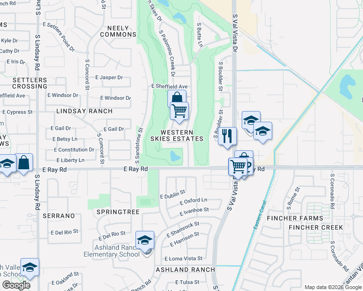 map of restaurants, bars, coffee shops, grocery stores, and more near 1365 East Betsy Lane in Gilbert