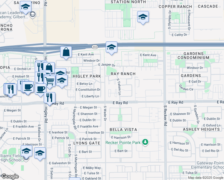 map of restaurants, bars, coffee shops, grocery stores, and more near 3642 East Constitution Drive in Gilbert
