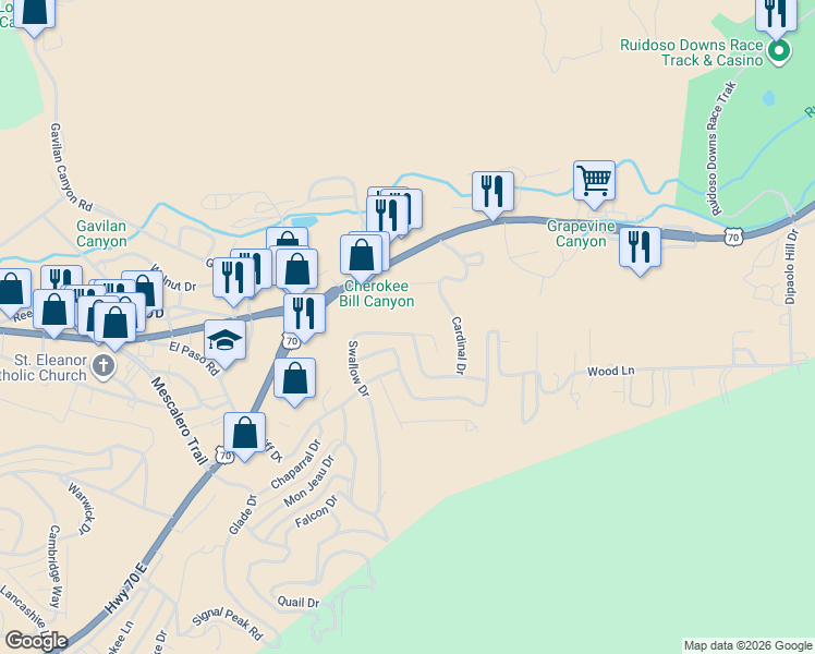 map of restaurants, bars, coffee shops, grocery stores, and more near 222-408 Swallow Drive in Ruidoso