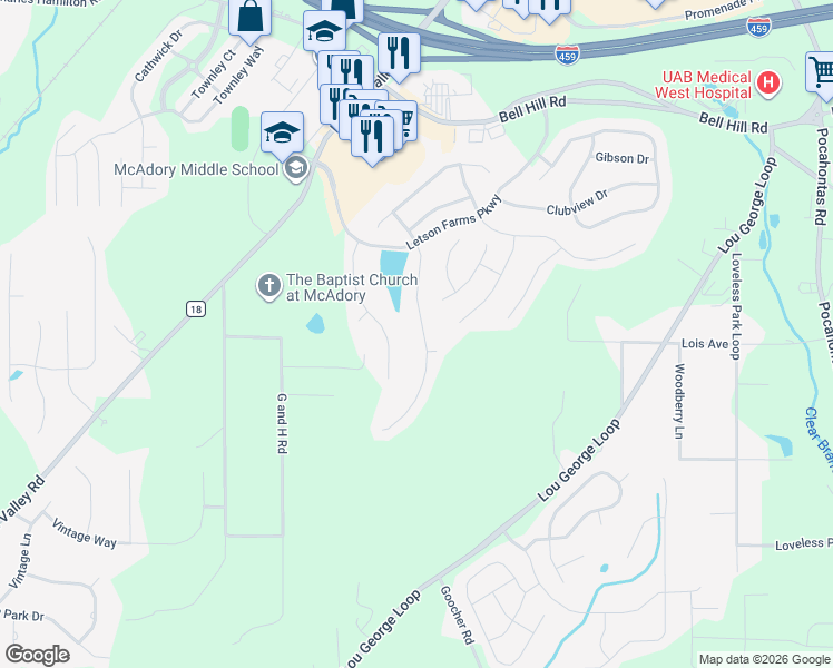 map of restaurants, bars, coffee shops, grocery stores, and more near 6287 Letson Farm Trail in Bessemer