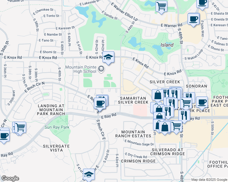 map of restaurants, bars, coffee shops, grocery stores, and more near 13820 South 44th Street in Phoenix