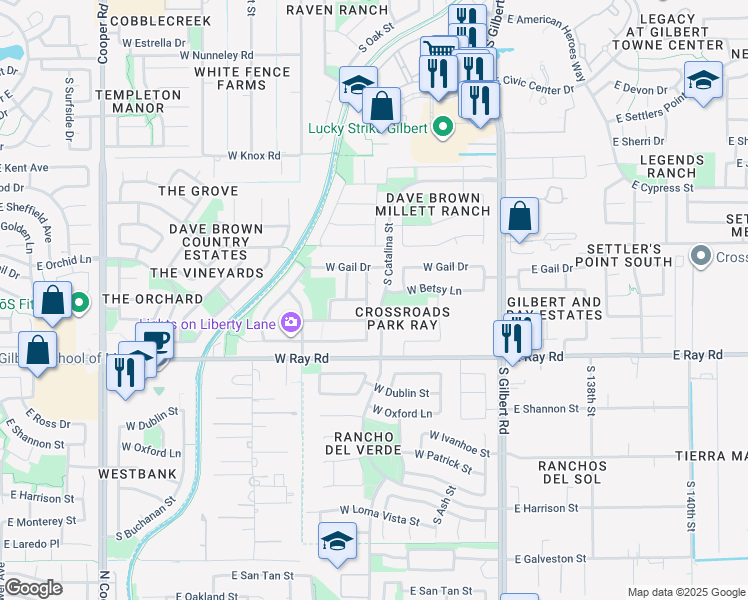 map of restaurants, bars, coffee shops, grocery stores, and more near 1511 South Saguaro Street in Gilbert