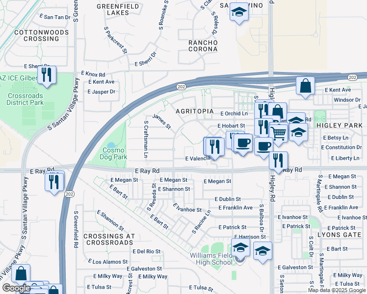 map of restaurants, bars, coffee shops, grocery stores, and more near 1539 South Mulberry Street in Gilbert