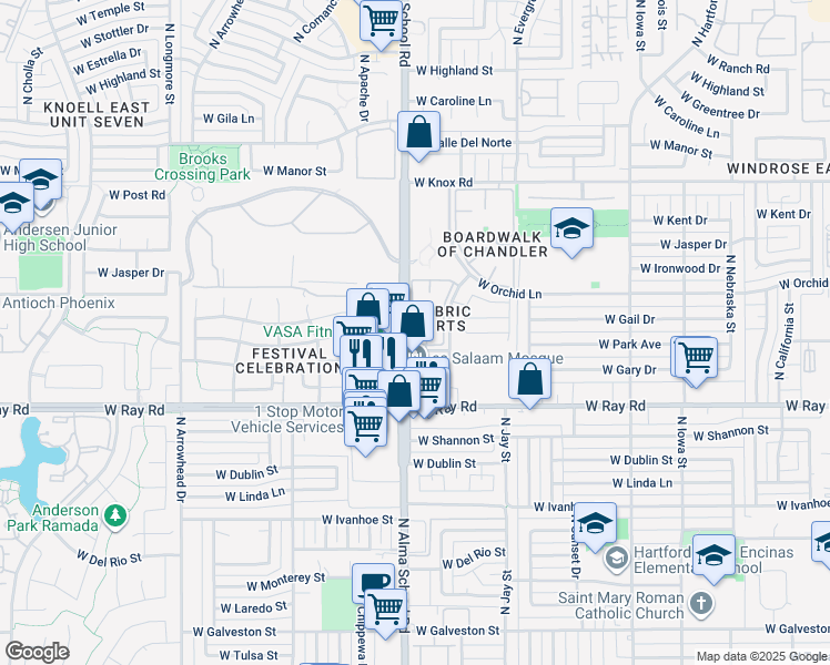 map of restaurants, bars, coffee shops, grocery stores, and more near 959 West Park Avenue in Chandler