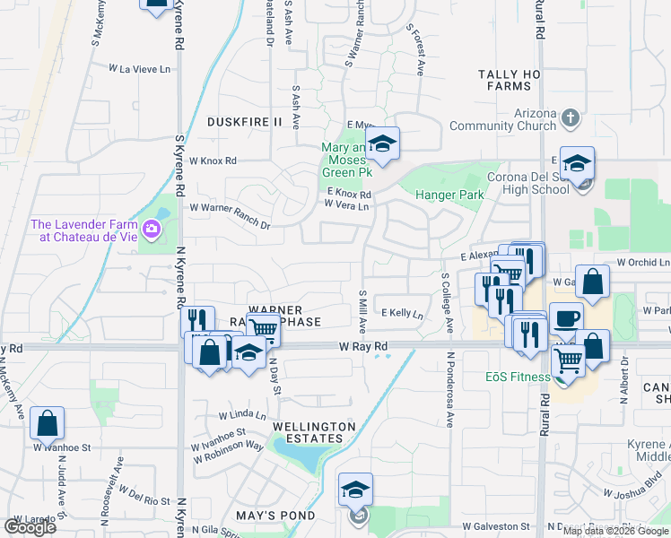map of restaurants, bars, coffee shops, grocery stores, and more near 5531 West Gail Drive in Chandler