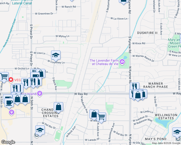map of restaurants, bars, coffee shops, grocery stores, and more near 6442 West Victoria Lane in Chandler