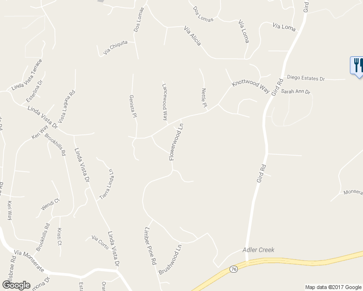 map of restaurants, bars, coffee shops, grocery stores, and more near 3676 Flowerwood Lane in Fallbrook