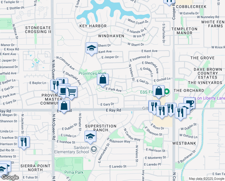 map of restaurants, bars, coffee shops, grocery stores, and more near 1433 East Park Avenue in Chandler
