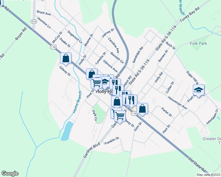 map of restaurants, bars, coffee shops, grocery stores, and more near in Holly Hill