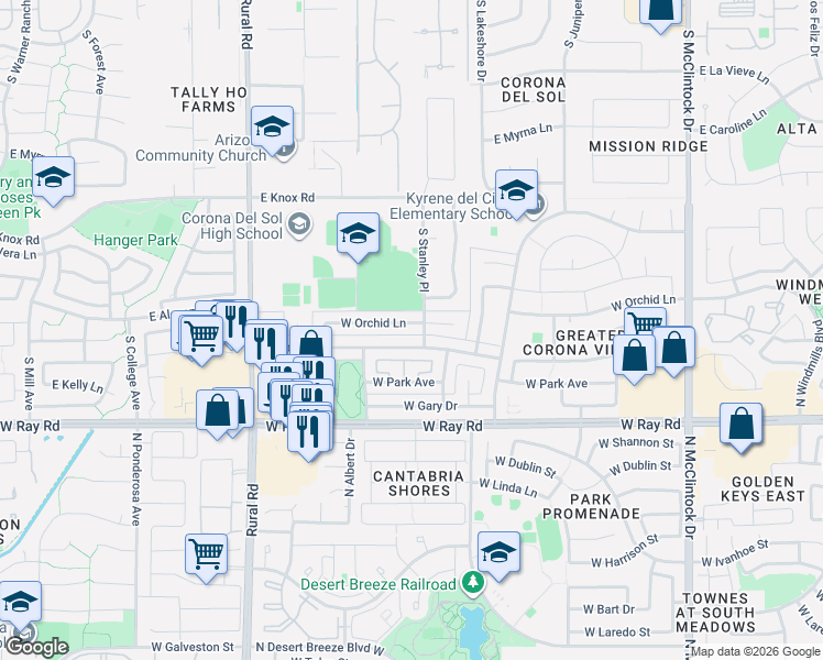 map of restaurants, bars, coffee shops, grocery stores, and more near 4619 West Orchid Lane in Chandler